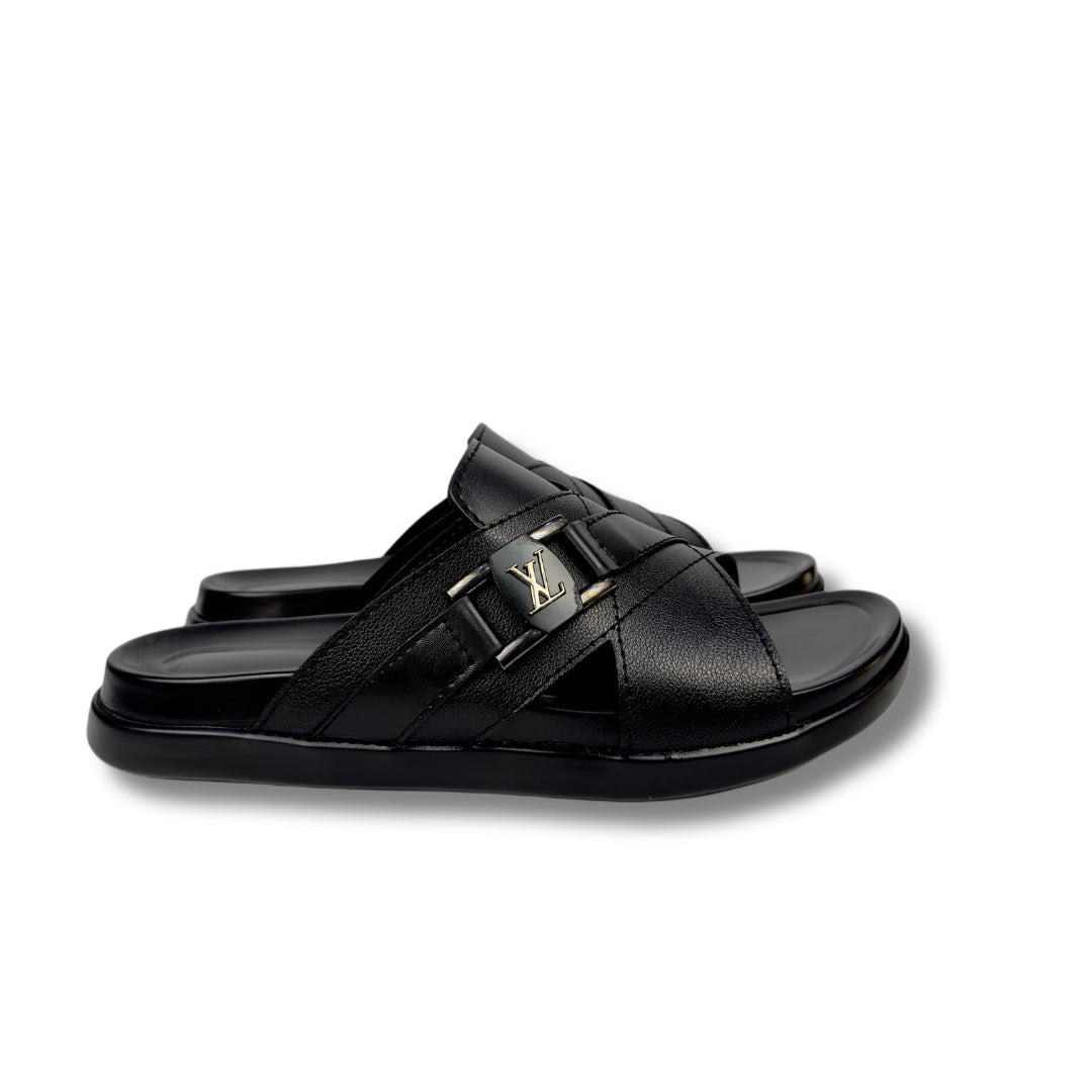 LV - Men's Black Pebble Grain Leather Slipper