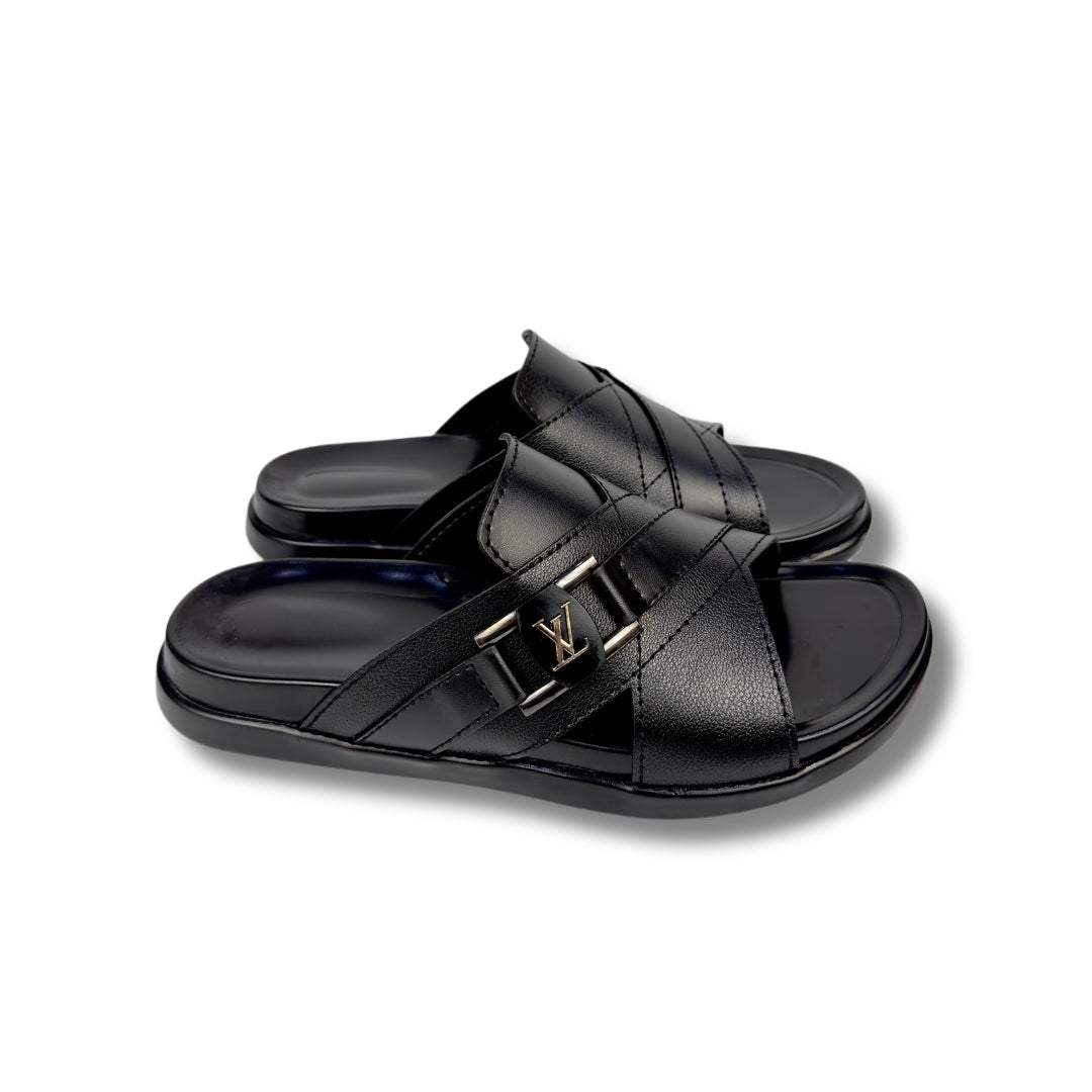 LV - Men's Black Pebble Grain Leather Slipper