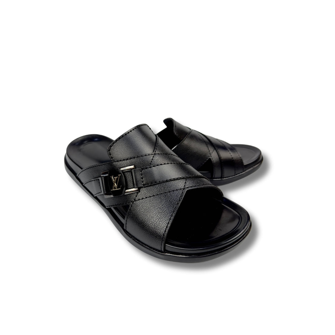 LV - Men's Black Pebble Grain Leather Slipper