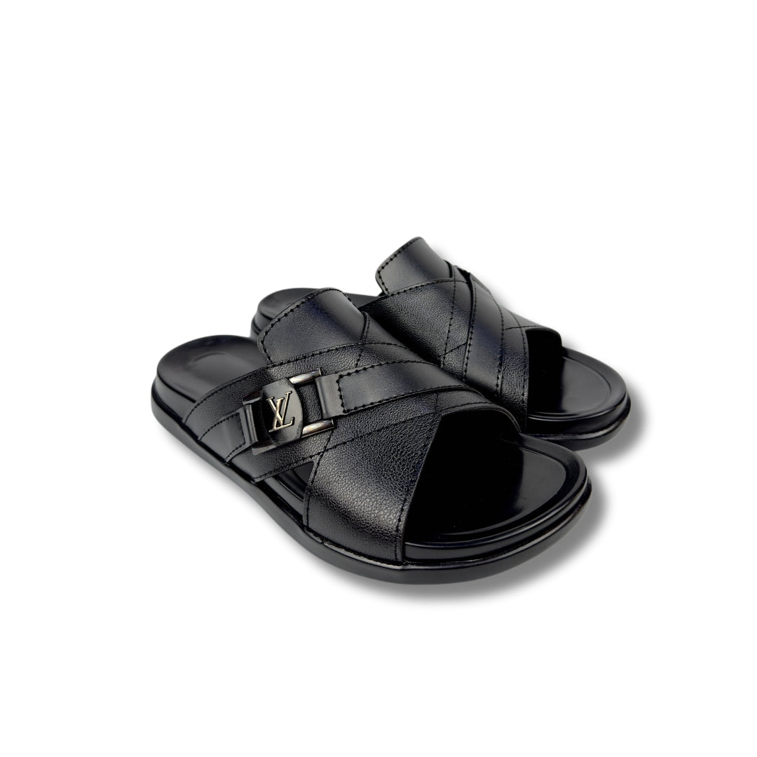 LV - Men's Black Pebble Grain Leather Slipper