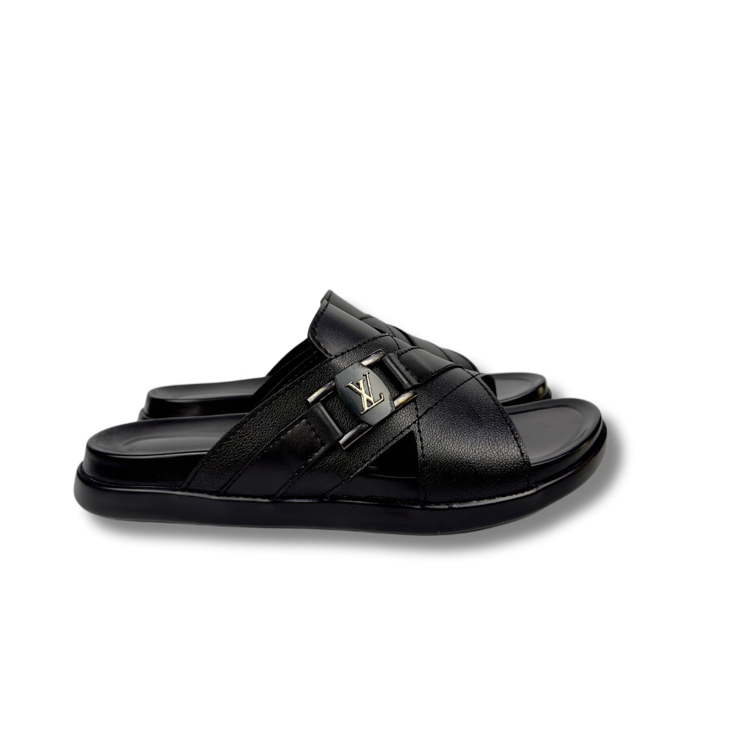 LV - Men's Black Pebble Grain Leather Slipper