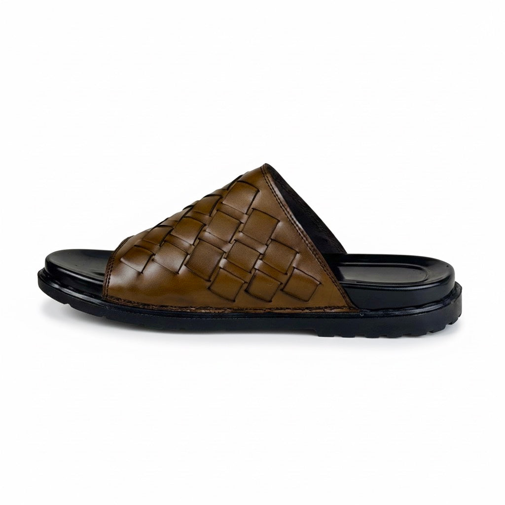 BROWN BRAIDE PURE LEATHER SLIPPER