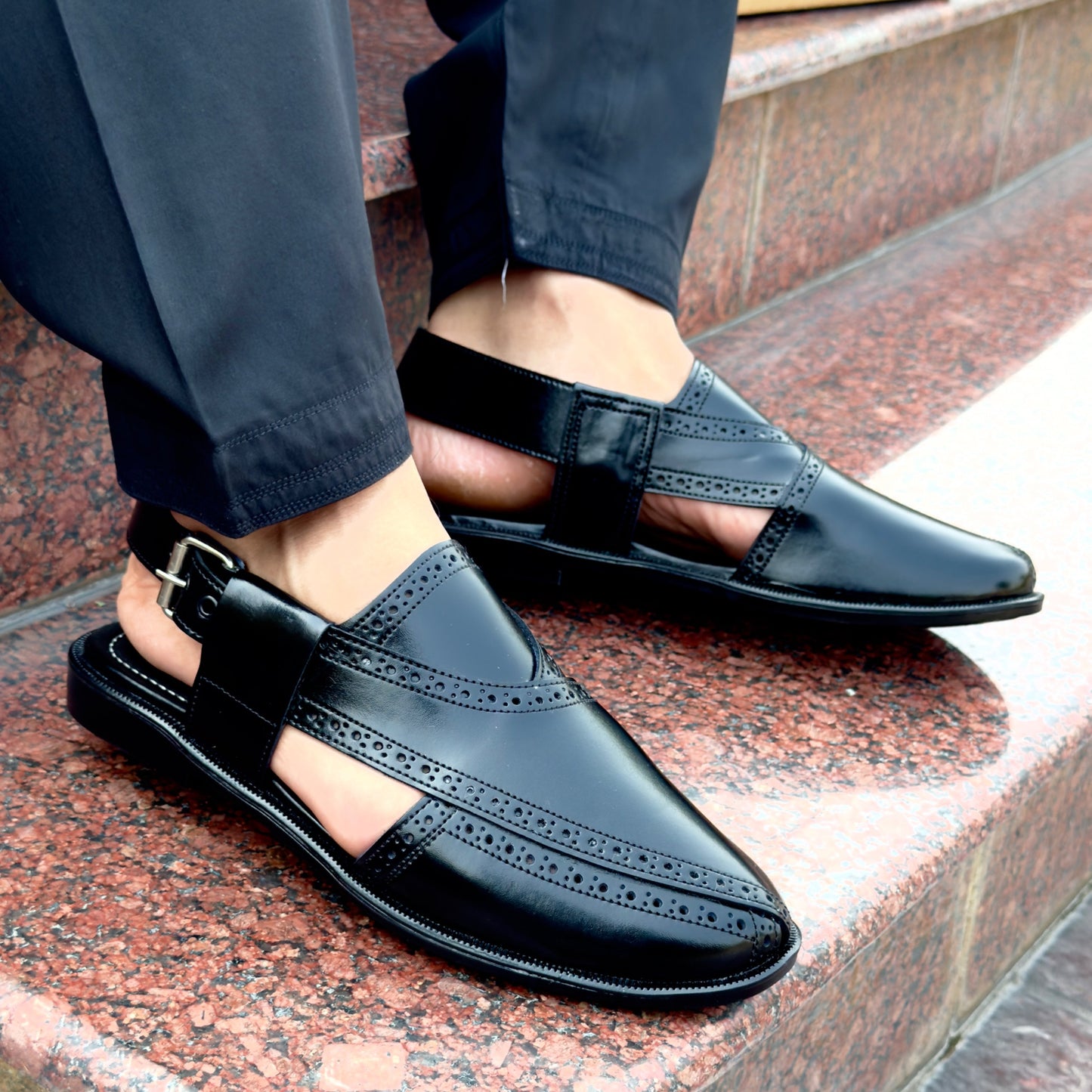 Black leather peshawari sandal