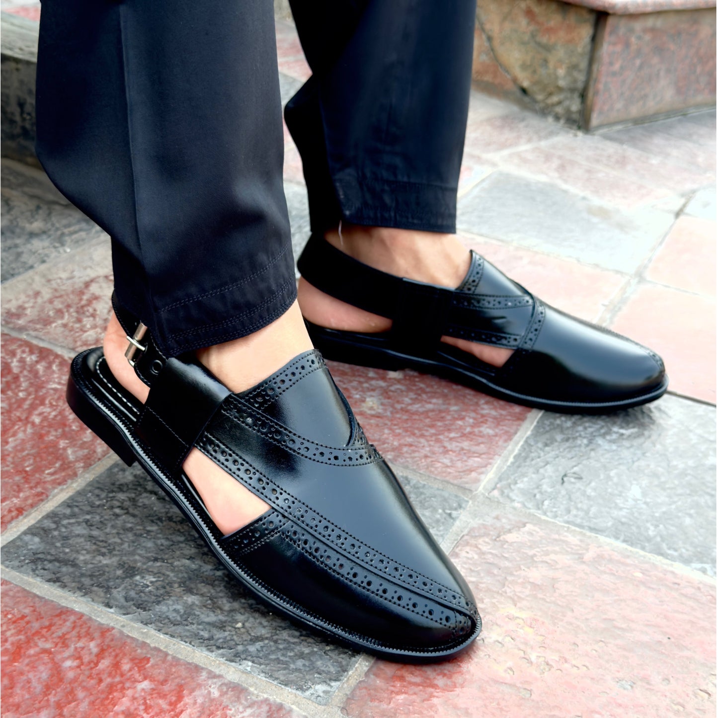 Black leather peshawari sandal