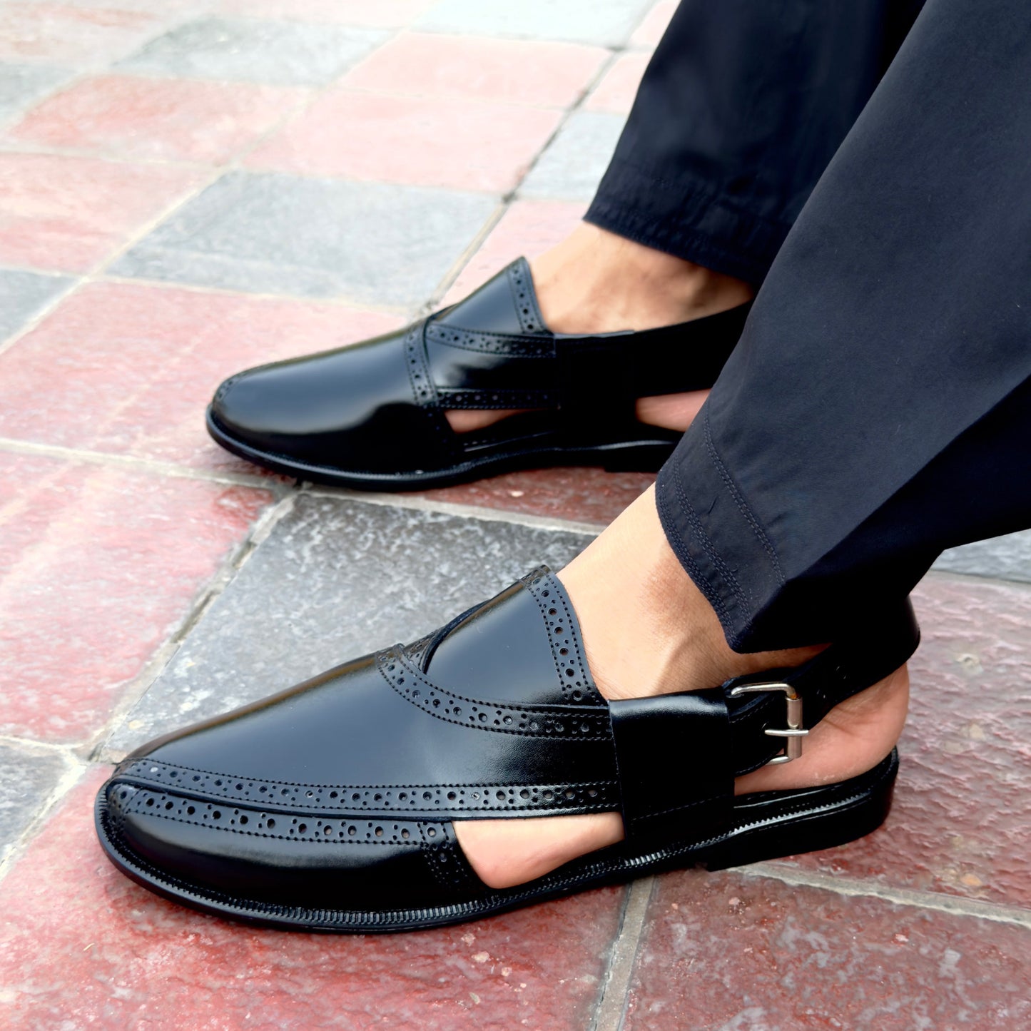Black leather peshawari sandal
