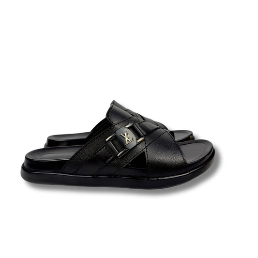 LV - Men's Black Pebble Grain Leather Slipper