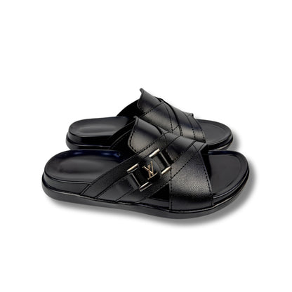 LV - Men's Black Pebble Grain Leather Slipper