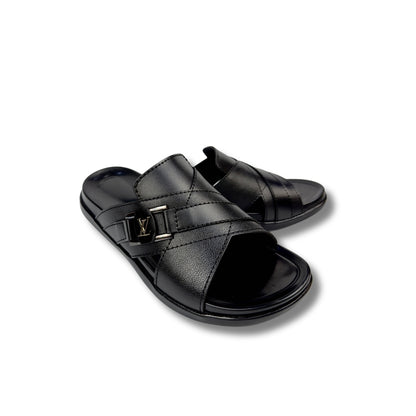 LV - Men's Black Pebble Grain Leather Slipper