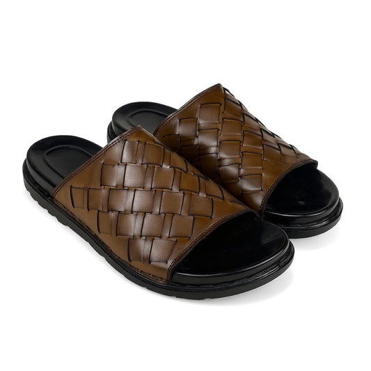 BROWN BRAIDE PURE LEATHER SLIPPER